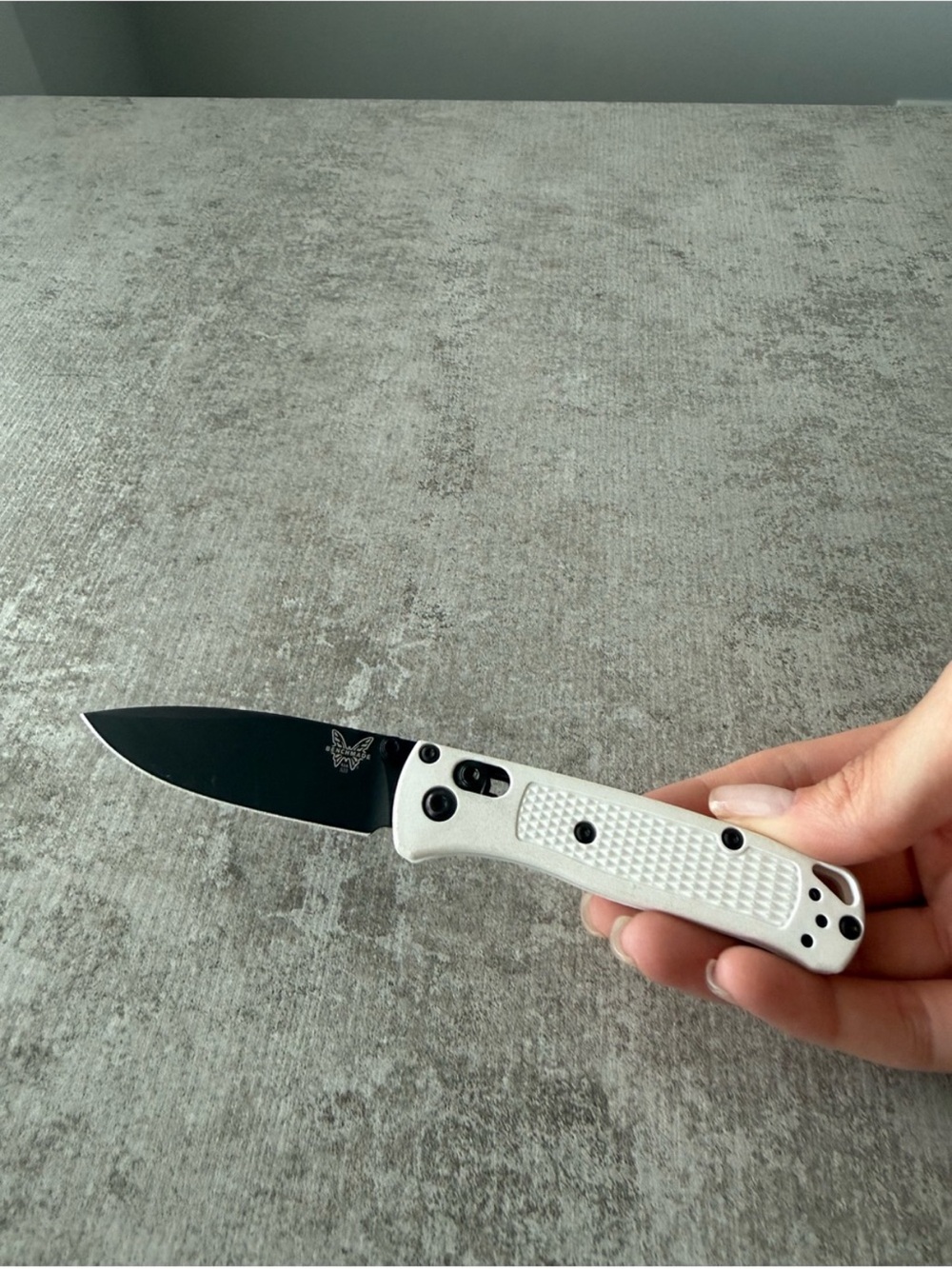 Benchmade mini bugout Lightweight Folding accessory— White Handle, Black Blade